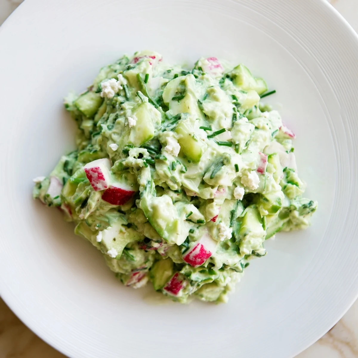 A close-up of Green Goddess Cabbage Dip shows crunchy veggies coated in a bright dressing.