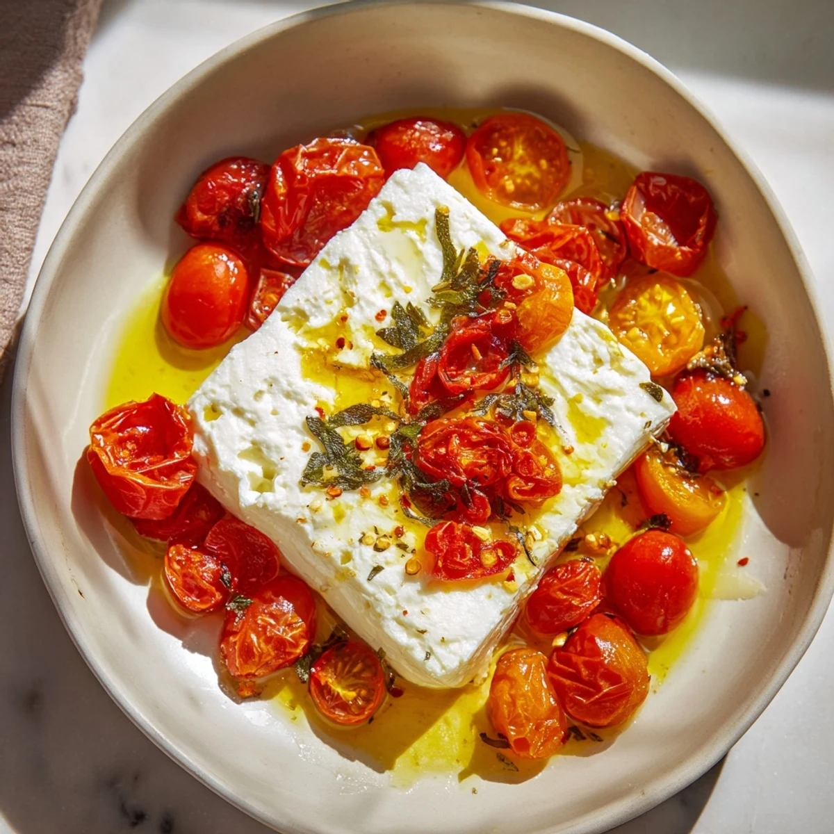 Golden baked feta 2.0 with honey, a Mediterranean delight, is garnished with fresh basil.
