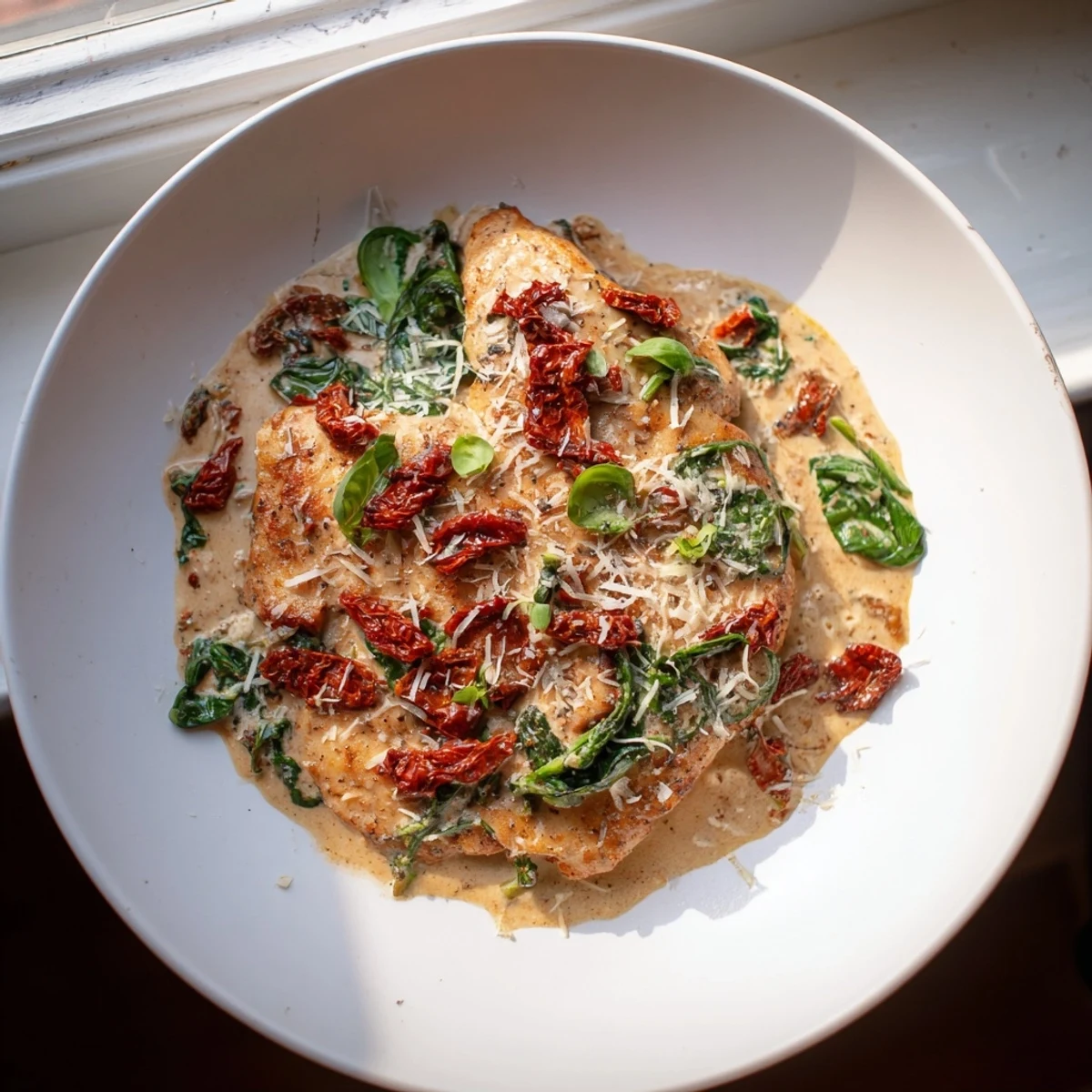 Zarter Creamy Sun-Dried Tomato Chicken Skillet, serviert mit frischem Basilikum und cremiger Sauce, die verlockend aussieht.