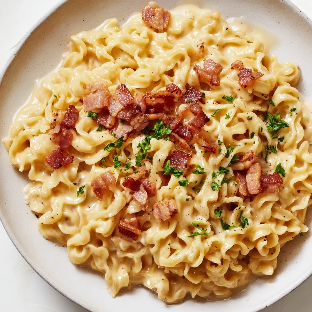 Creamy Ramen Carbonara Hack, a quick fusion dish with perfectly coated noodles and savory bacon bits.