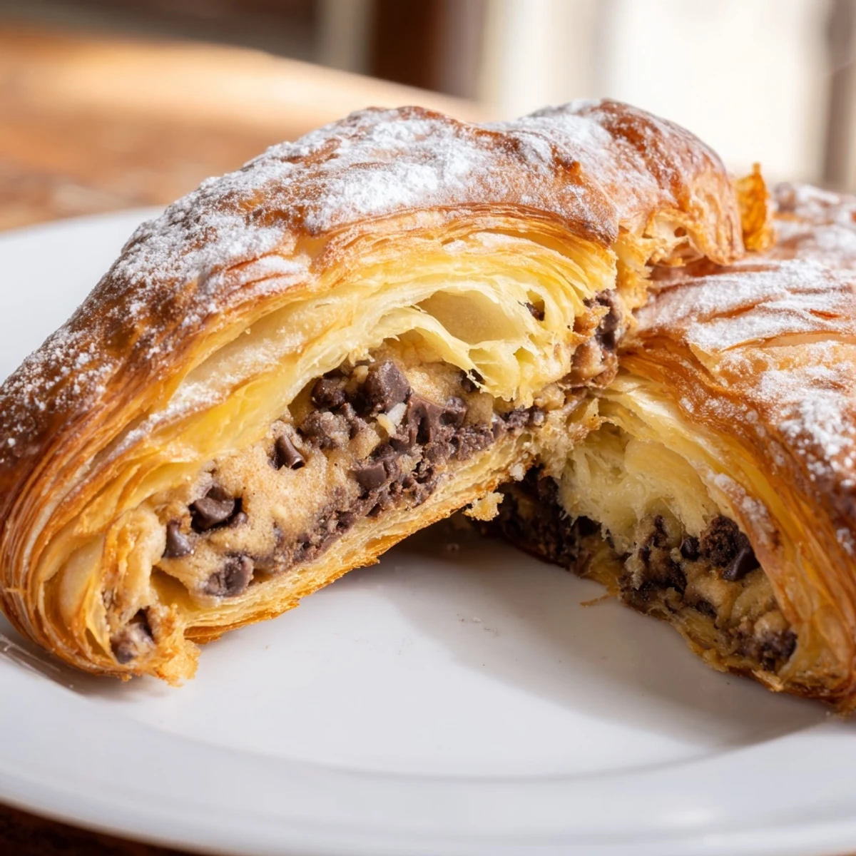 Flaky, buttery Cookie Croissant oozing with warm, chocolate chip cookie filling, a perfect dessert.