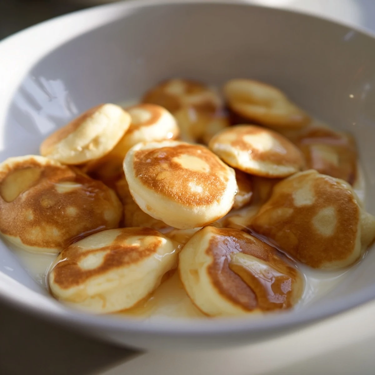 A bowl of fluffy pancake cereal, perfect for a fun breakfast, served with milk and syrup.