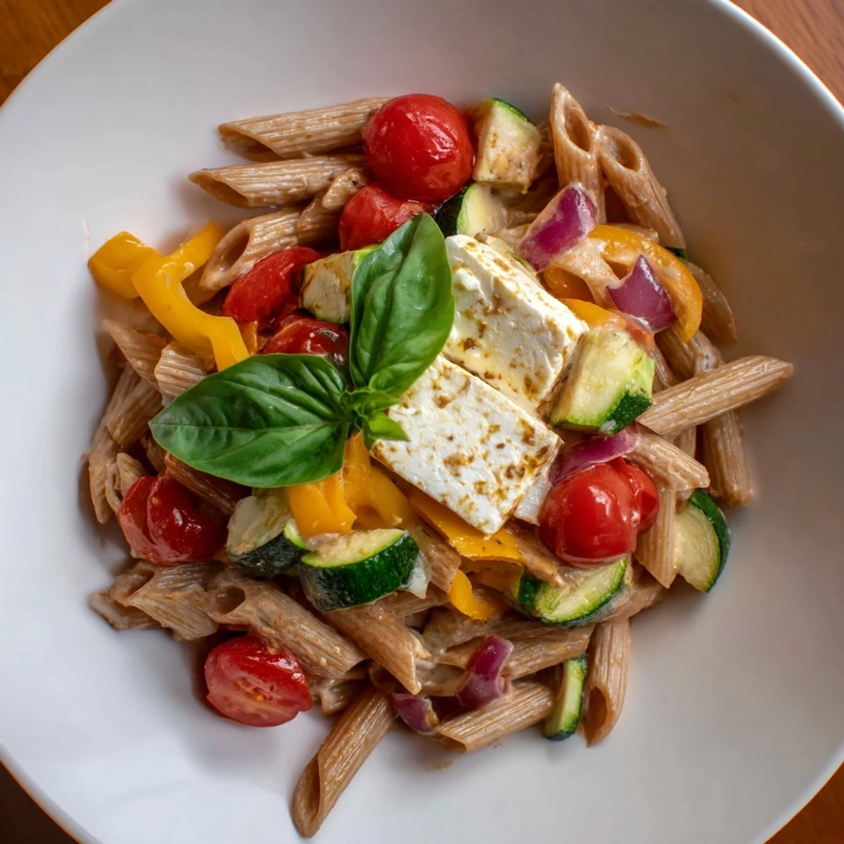Creamy baked feta pasta 2.0 with roasted vegetables, ready to serve and garnished with fresh basil.