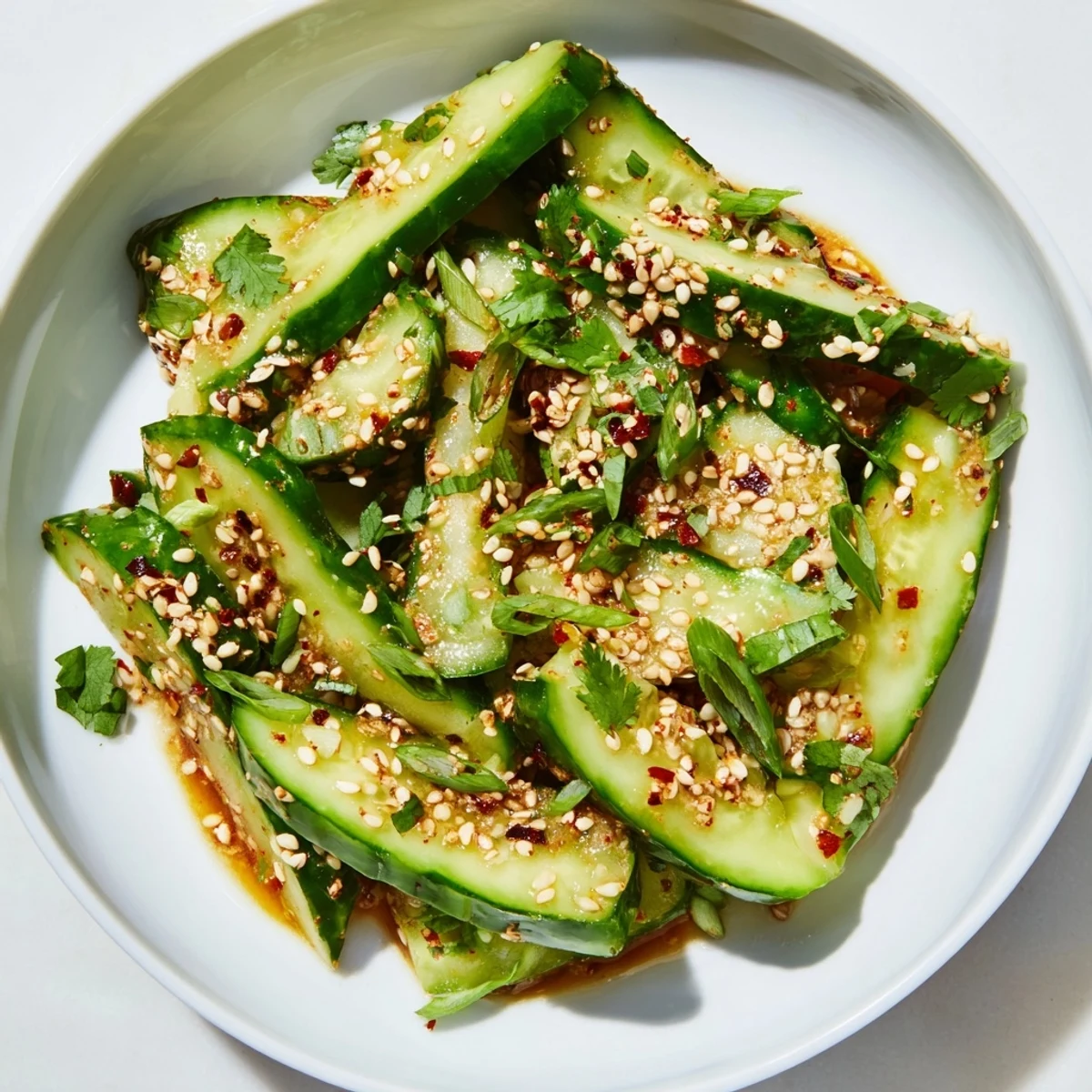 Close-up of freshly made Zesty Shake Cucumber Salad, with visible sesame seeds and cilantro garnishing.