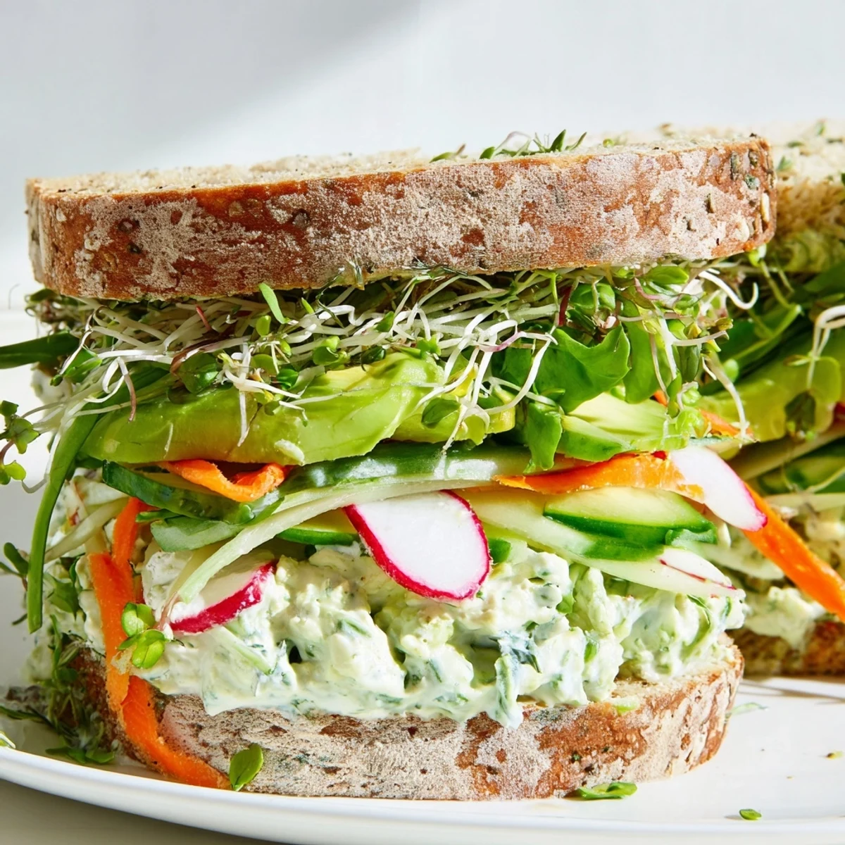 Creamy Green Goddess sandwich, overflowing with fresh veggies and vibrant green spread.