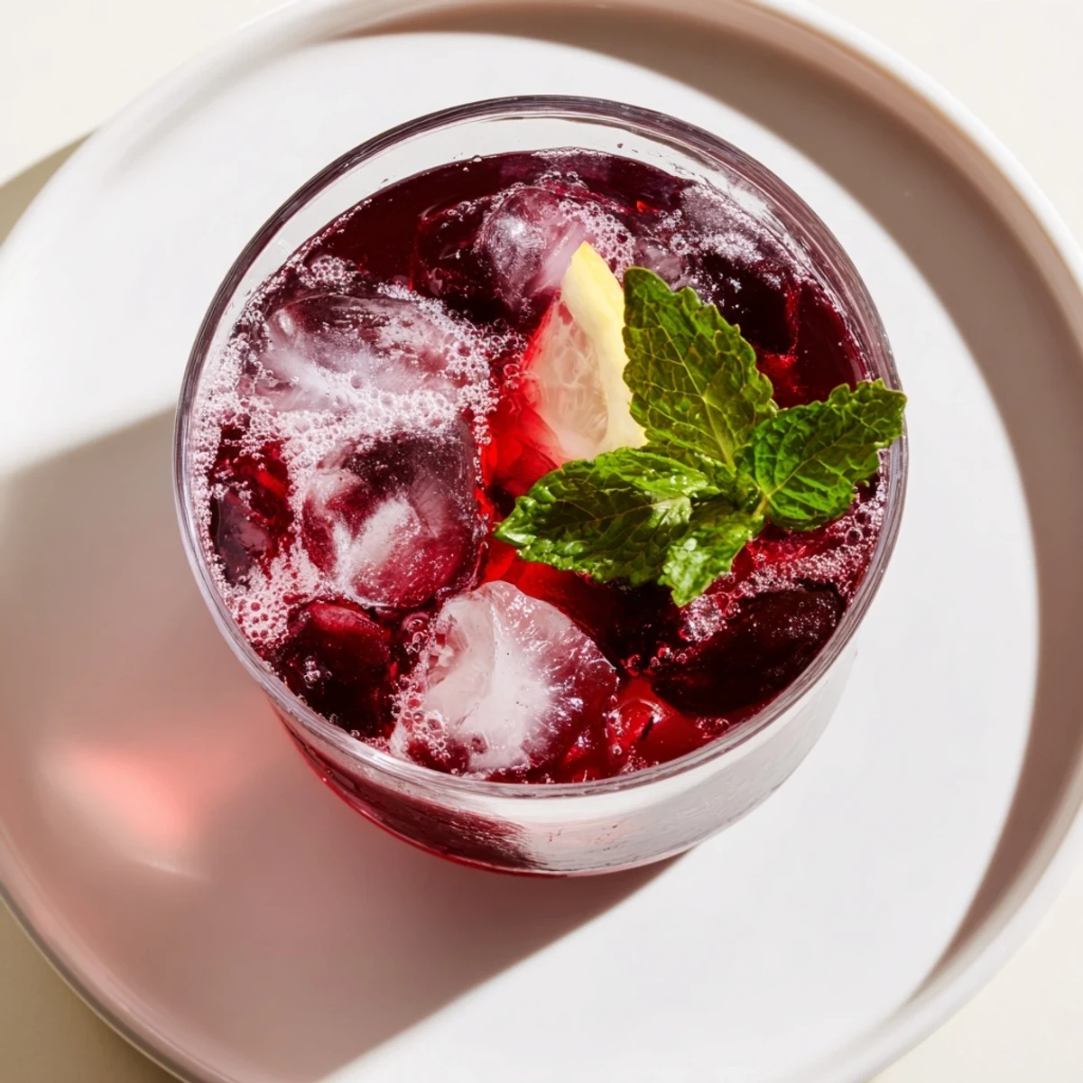 A Sleepy Girl Cherry Mocktail, a vibrant red drink garnished with mint and lemon.