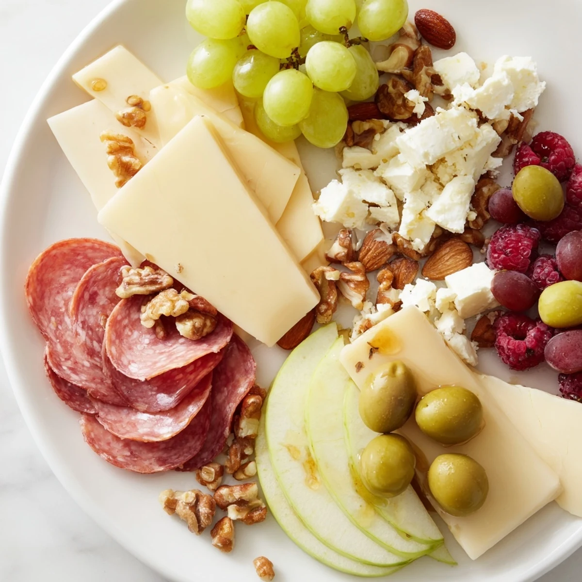Quick Charcuterie Snack Board: offering vibrant colors of cheese, meats, and fresh fruit for an easy appetizer.