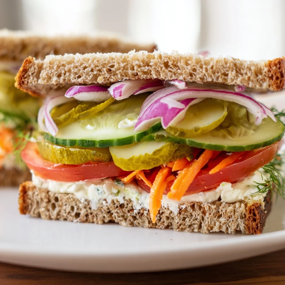 A vibrant Crunchy Dill Pickle Sandwich, piled high with crisp pickles and fresh veggies.