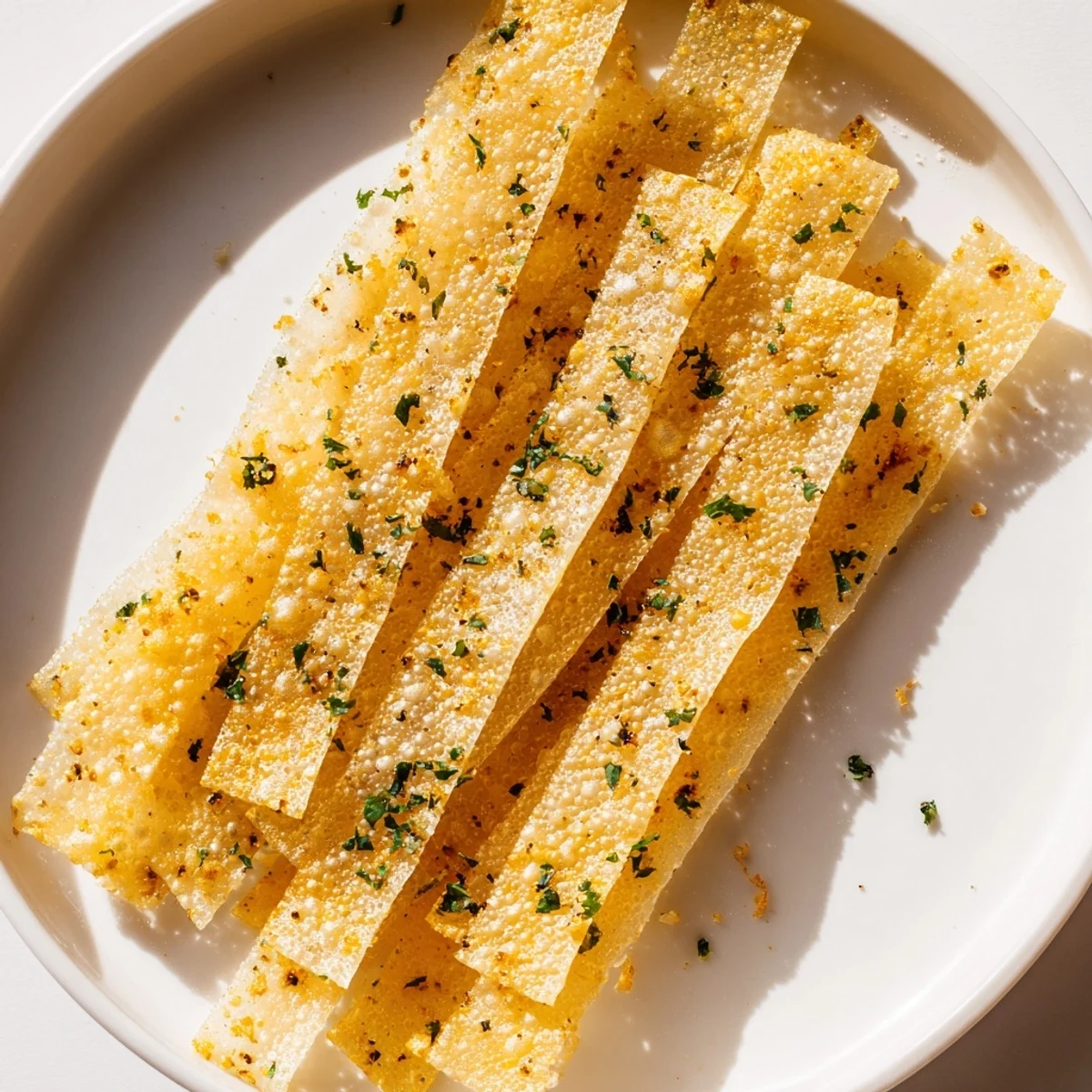 Close-up of crispy garlic lumpia chips, showcasing a satisfying crunch, best with dipping sauces.