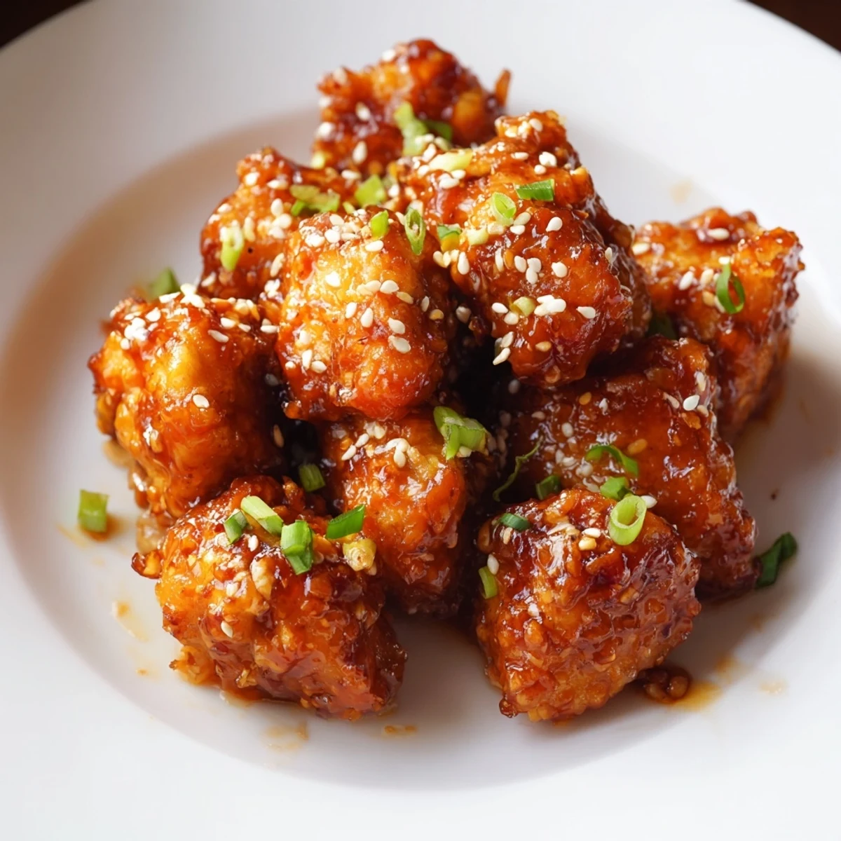 Sticky, glazed honey-Sriracha chicken bites, a flavorful appetizer, speckled with sesame seeds.