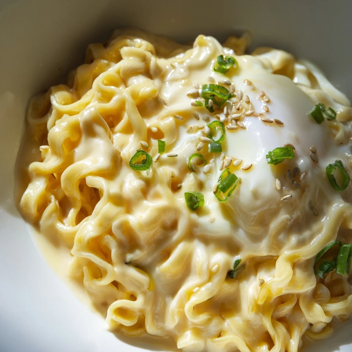 Creamy, cheesy Instant Cheese Ramen Bowl garnished with fresh green onion and sesame seeds.