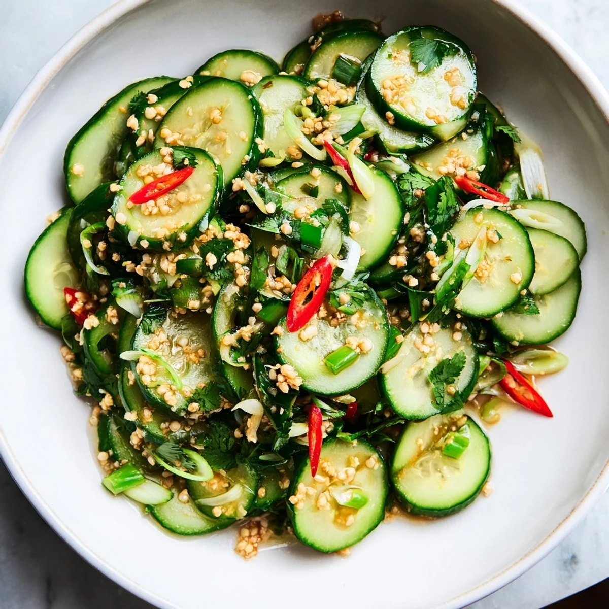 Saftiger Tangy Shaken Asian-Style Cucumber Salad mit knackigen Gurkenscheiben und erfrischender Soße.