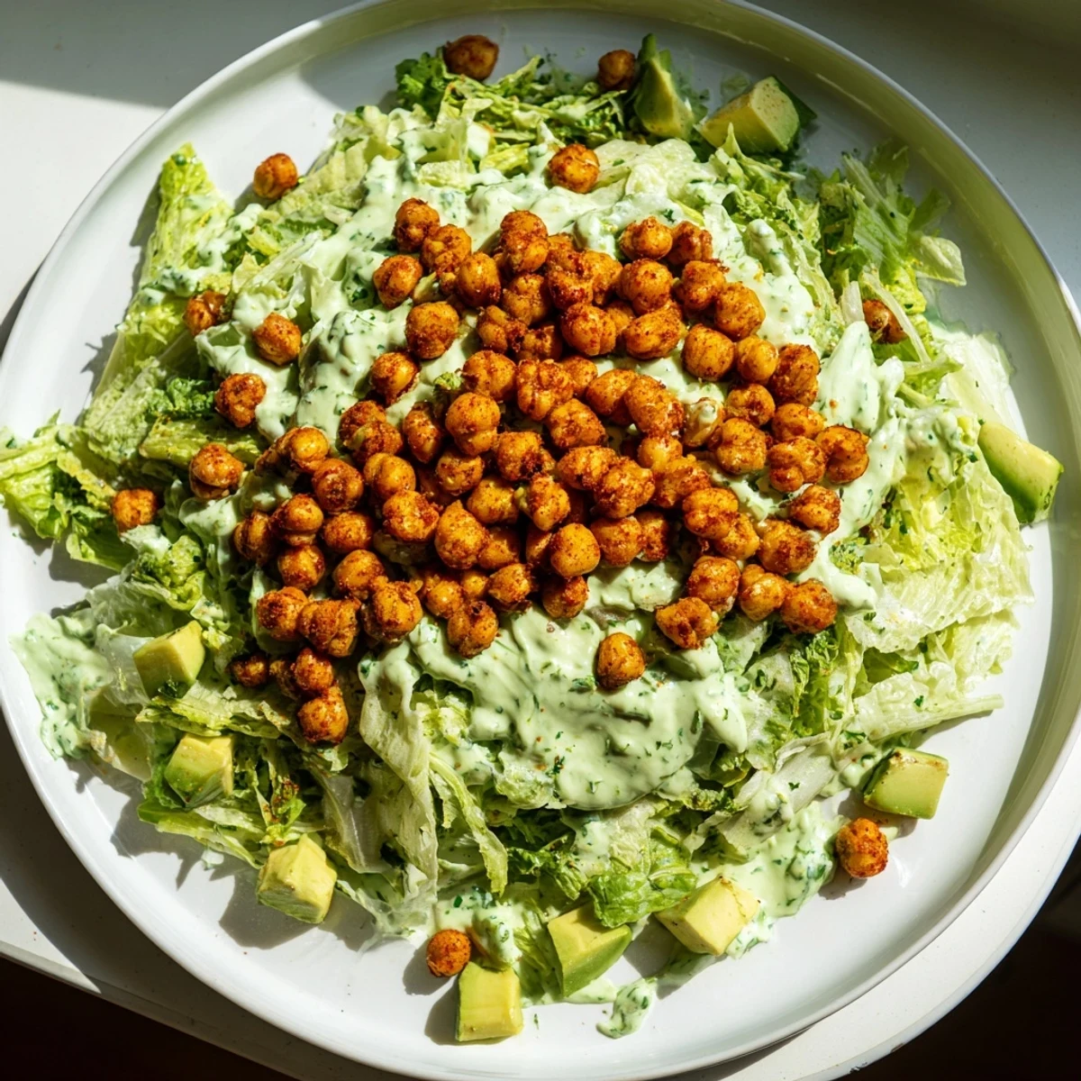 A bowl of fresh Green Goddess Salad with crispy golden chickpeas, perfect for a light lunch.