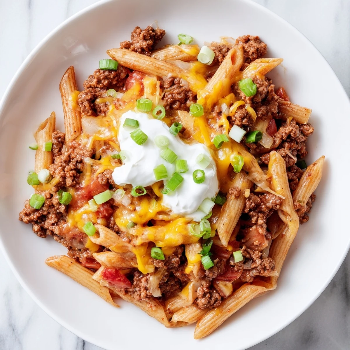 Taco Pasta bubbling in a skillet, topped with melted cheese and fresh green onions.