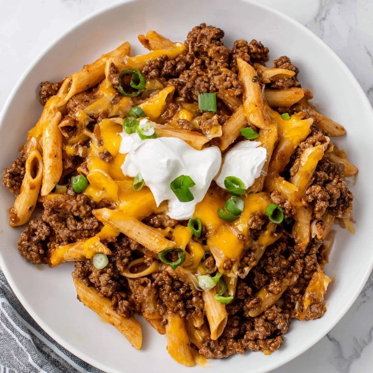 One-Pot Taco Pasta, a comforting family meal featuring ground beef and cheesy goodness.