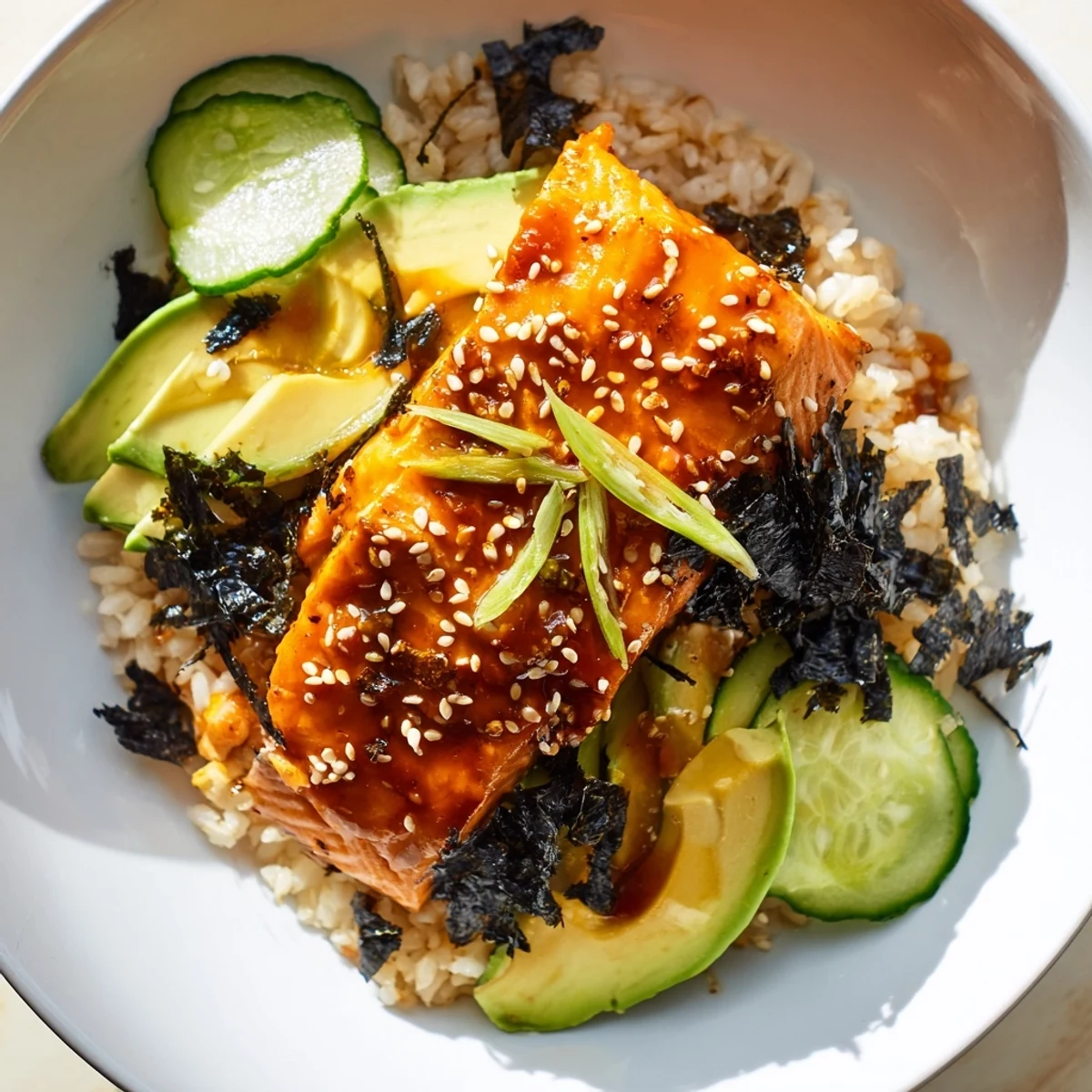 A vibrant Emily Mariko-Inspired Sticky Orange Gochujang Salmon Bowl with tender salmon and crispy vegetables, ready to eat.