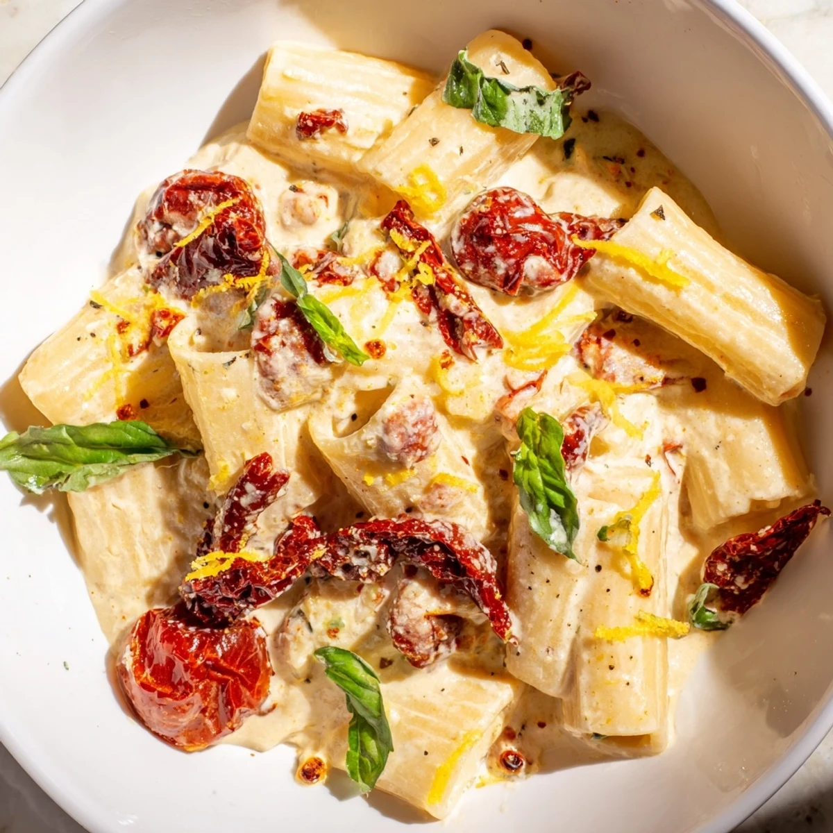 Creamy baked feta pasta with vibrant sun-dried tomatoes, a Mediterranean delight on the plate.
