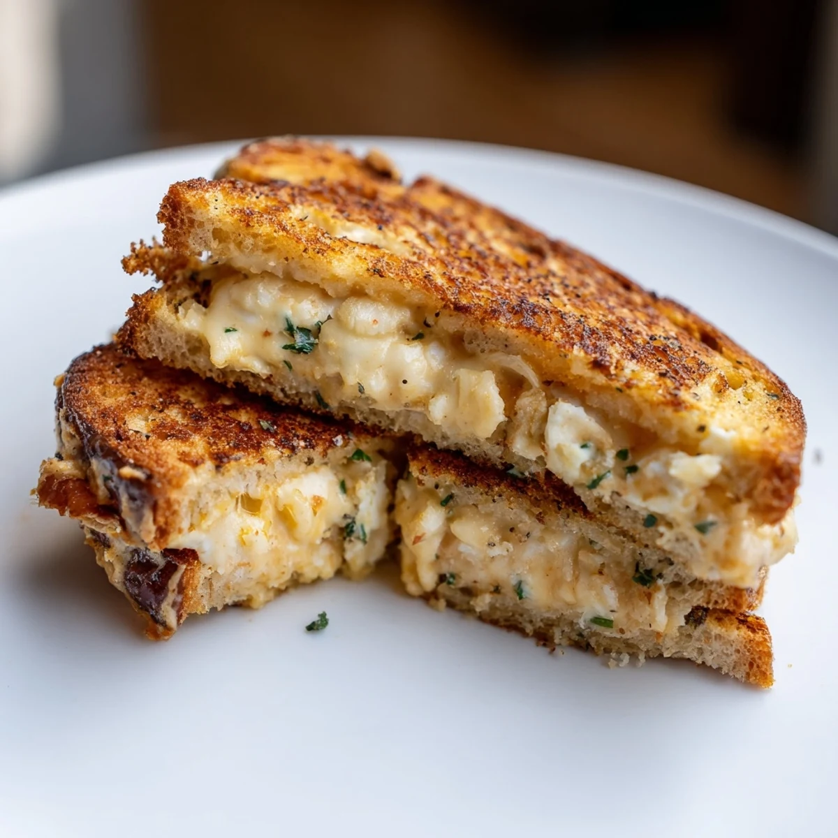 Close-up of a perfectly grilled Garlic Butter Mayo Grilled Cheese, with golden crust and gooey cheese pull.