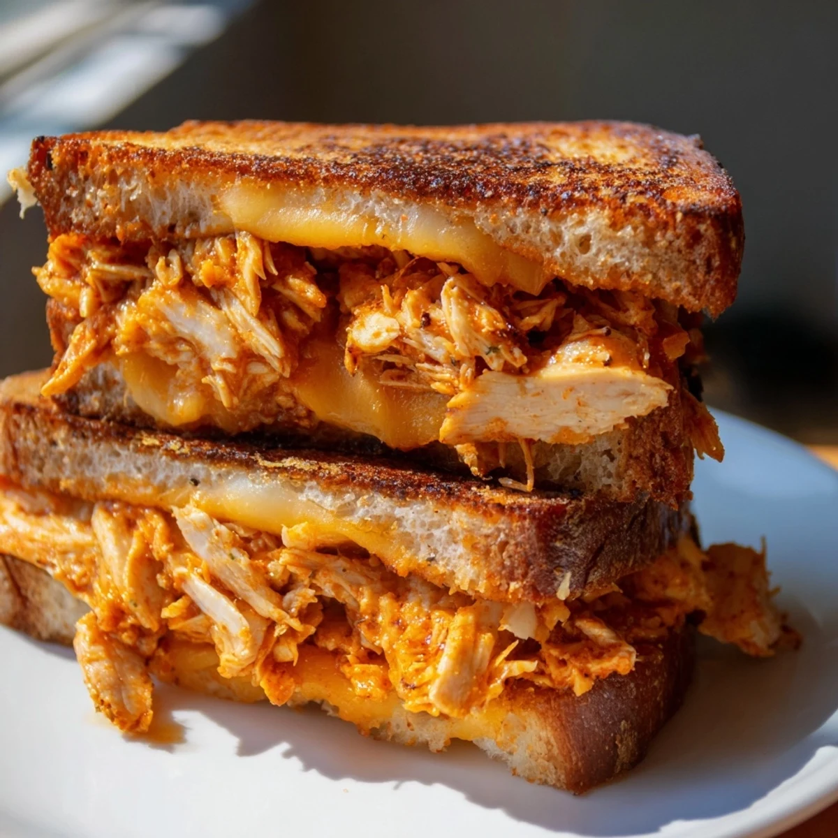Spicy Crispy Chicken Sandwich Grilled Cheese: Crispy golden bread surrounds a mountain of spicy chicken and melted cheese, ready to devour.