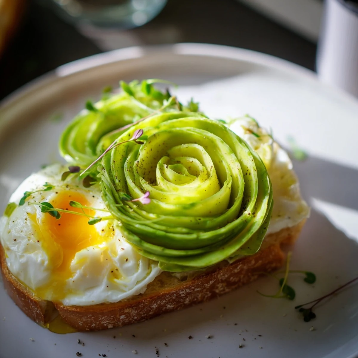 Fresh microgreens garnish a vibrant plate of "Cloud Toast 2.0" with avocado roses and toast.