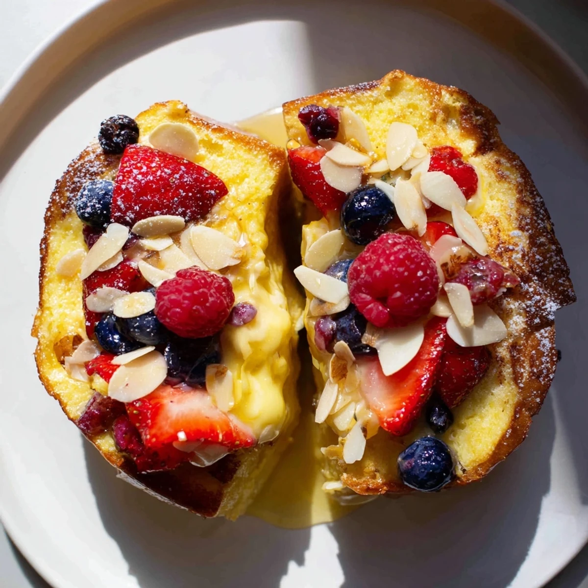 Golden, baked Custard Toast with fresh berries and a light dusting of powdered sugar.