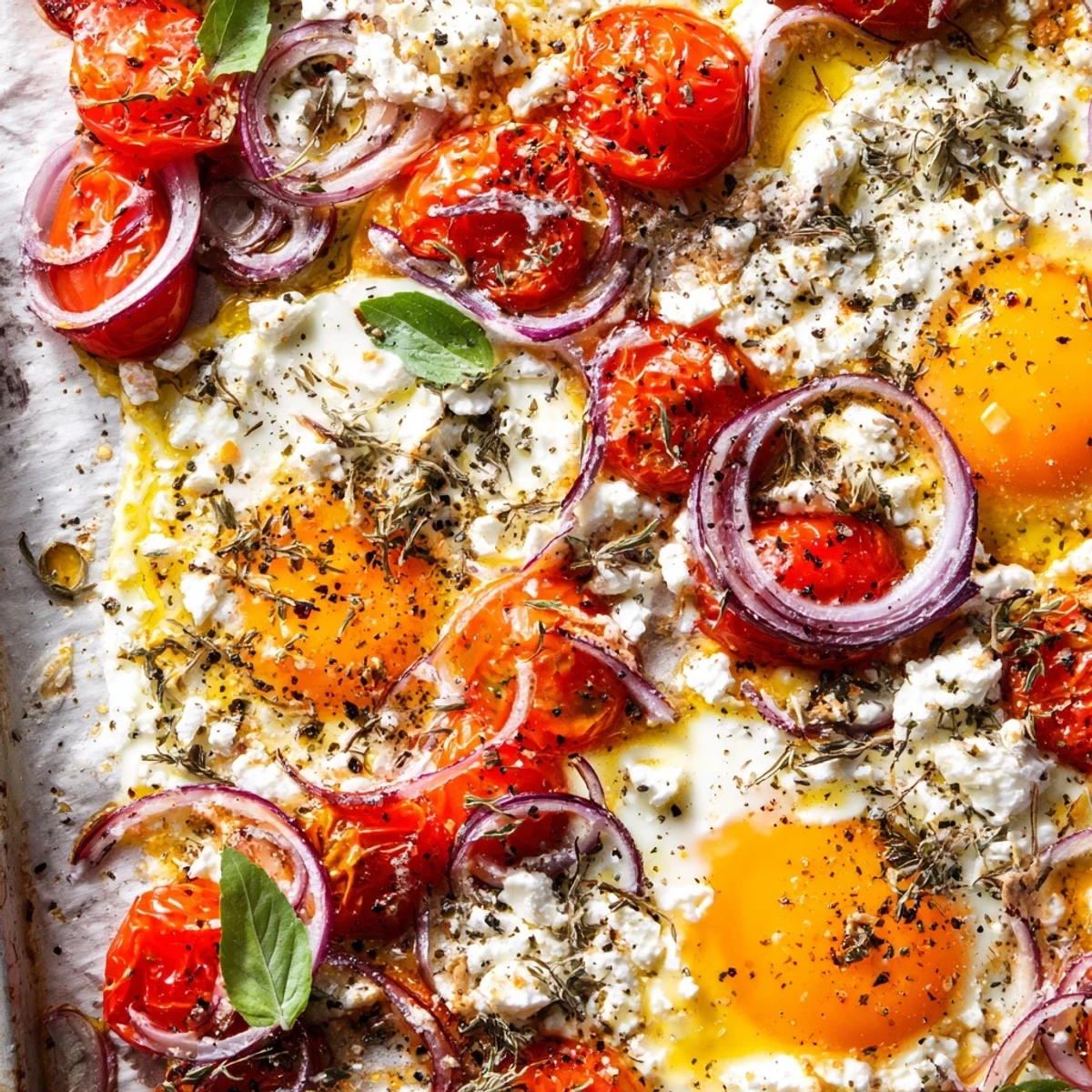 Mediterranean-style Tomato Feta Baked Eggs, a delicious breakfast cooked on a sheet pan.