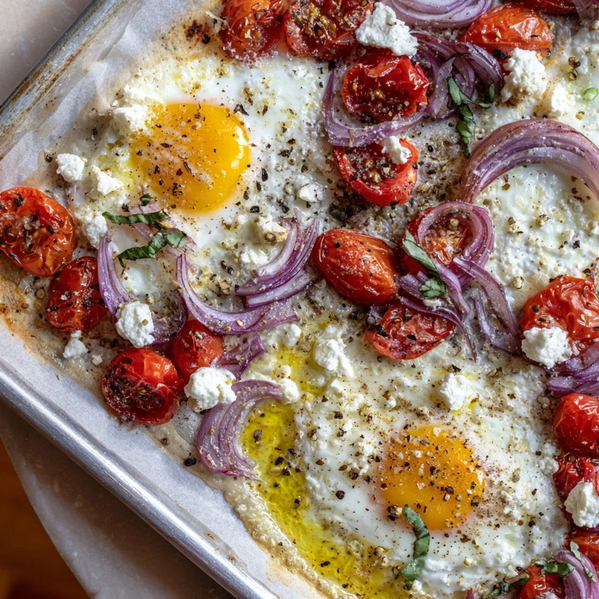 Close-up of baked Tomato Feta Eggs with a sprinkle of feta, ready to serve with toast.