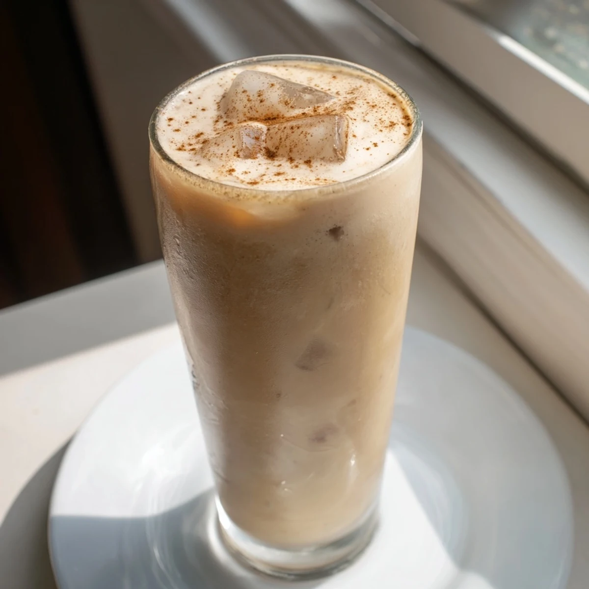 Creamy Proffee Power Blend, an iced coffee protein shake topped with cocoa powder, looks delicious.