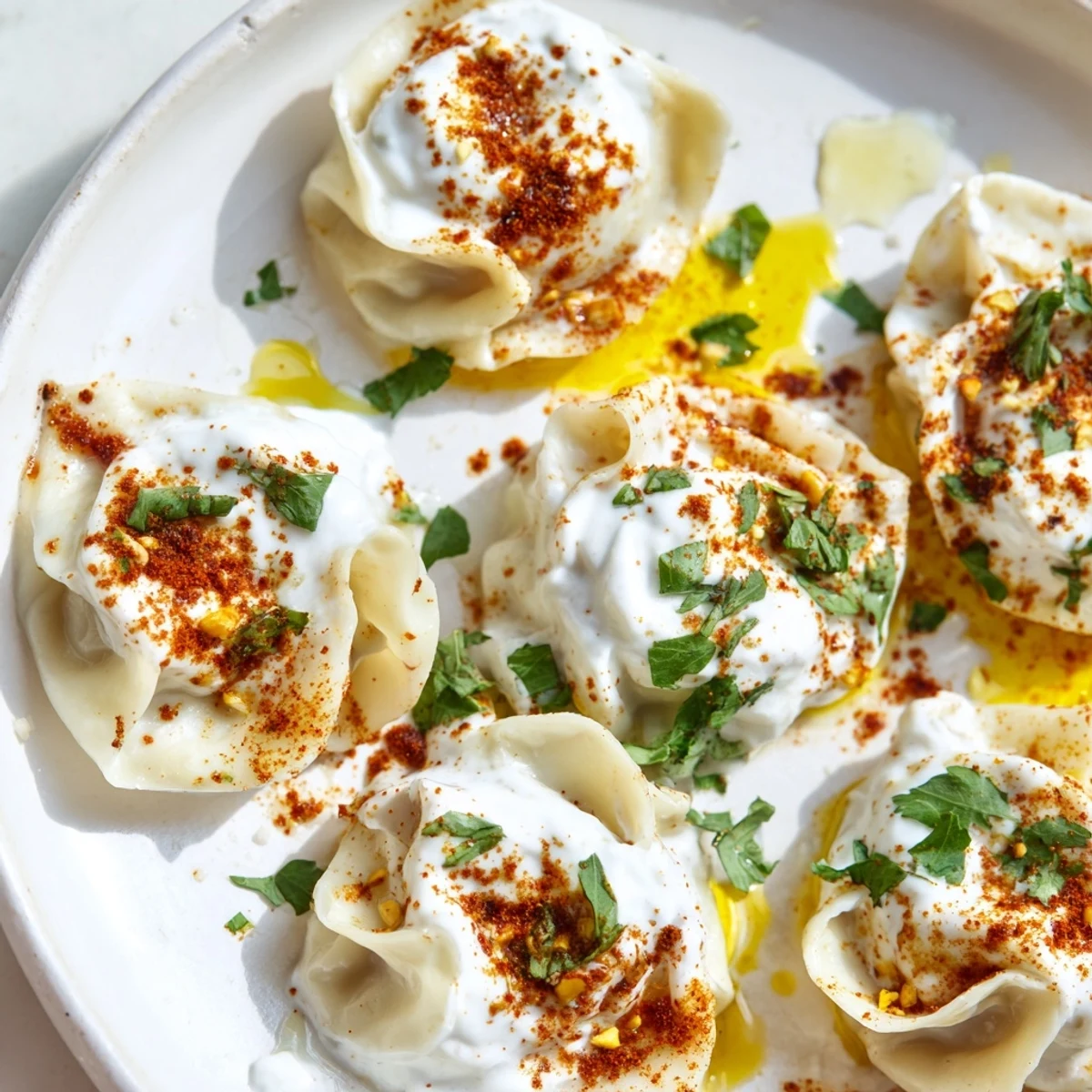 Turkish cheesy manti dumplings, topped with creamy yogurt, and spiced butter, ready to eat.