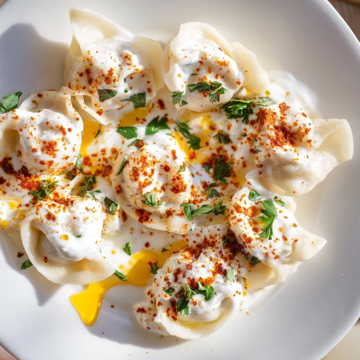 A close-up of savory Turkish cheesy manti, perfectly cooked and arranged on a plate with sauce.