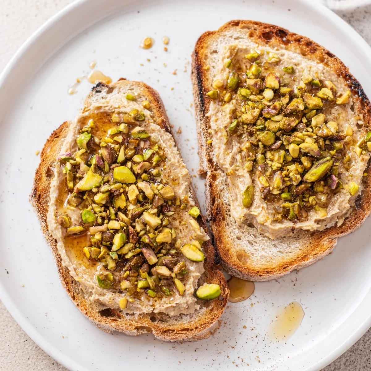 Warm, golden pistachio butter toast topped with honey and crunchy pistachios, a delightful breakfast.