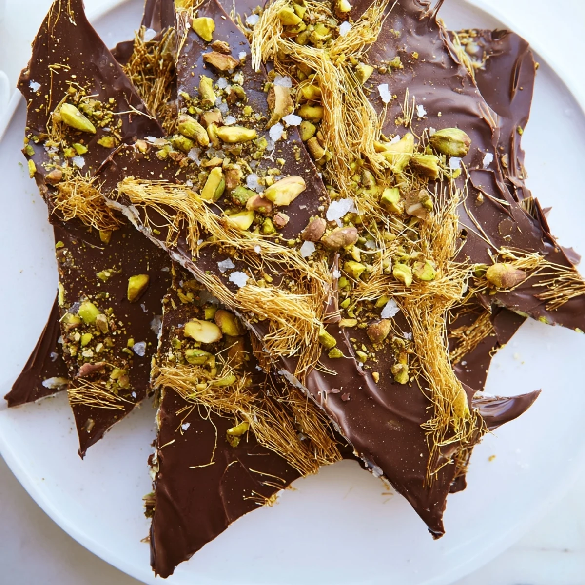 Delicious dark chocolate kataifi crunch bark, a sweet treat ready to be broken into pieces.