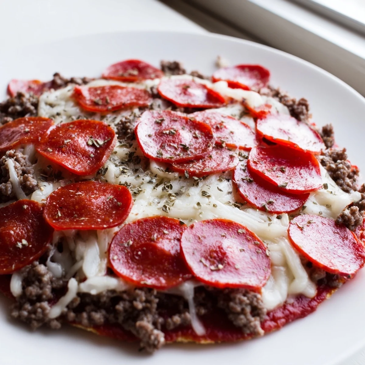 Meat Pizza Pepperoni Stack, cheesy and bubbly, showing off a low-carb pizza delight.