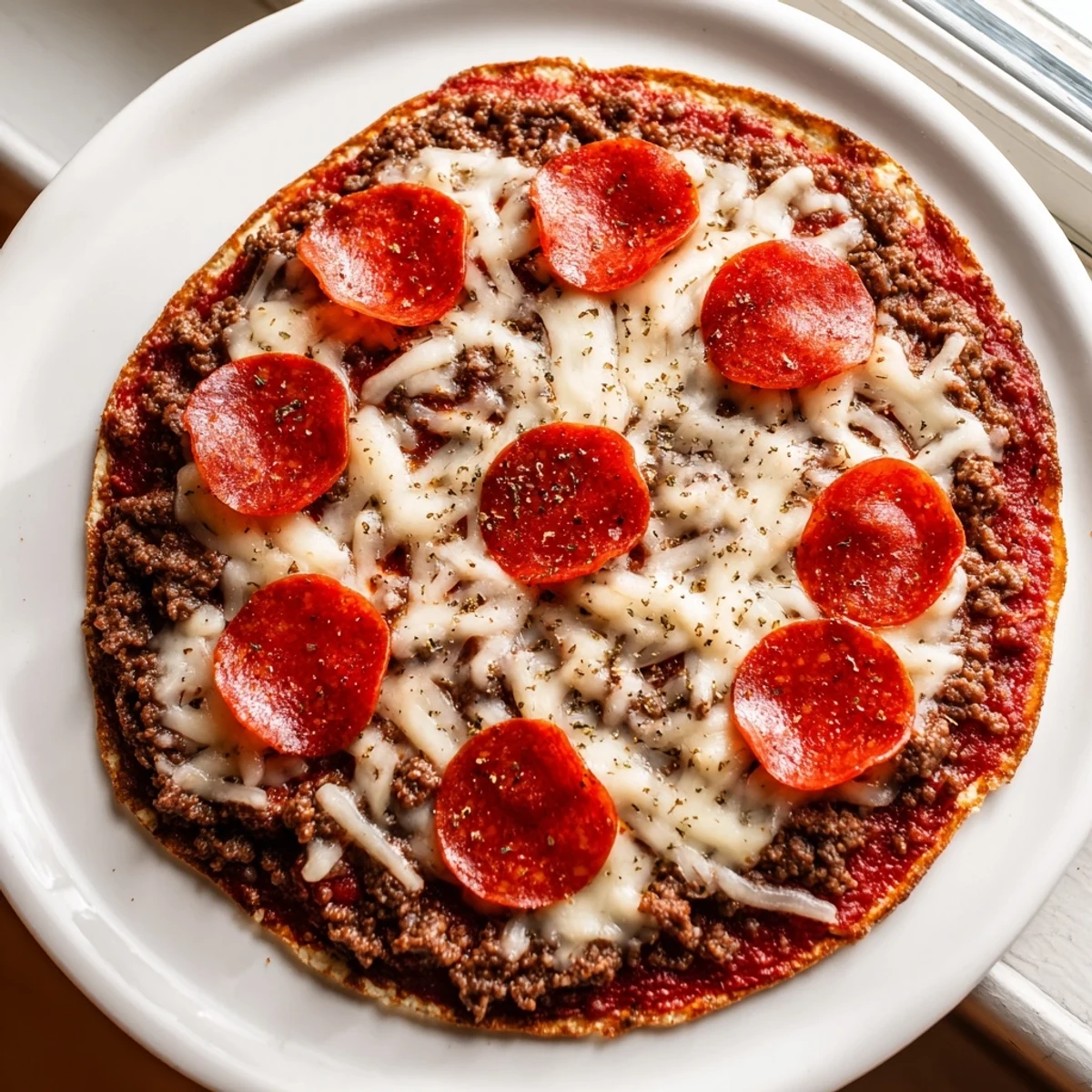 A close-up of the fully baked Meat Pizza Pepperoni Stack with melted mozzarella and fresh oregano.