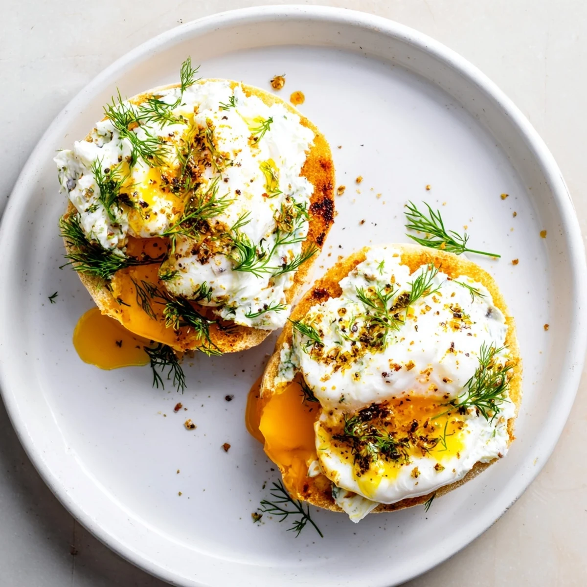 Creamy çılbır Eggs Benedict brunch with vibrant herbs and rich, spiced butter drizzled on top!