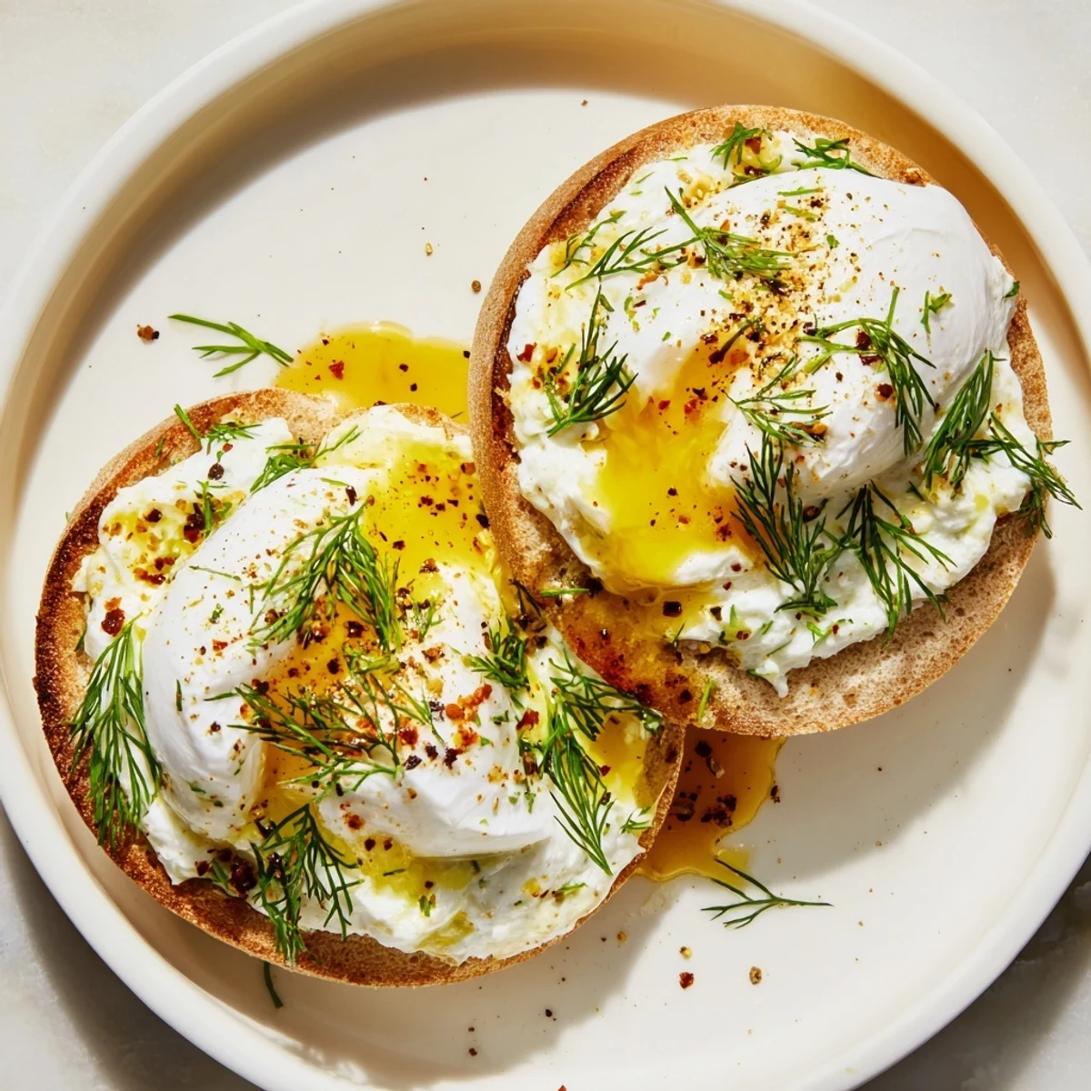 Close-up of golden yolks and spiced butter, highlighting this flavorful Turkish-American çılbır Eggs Benedict.