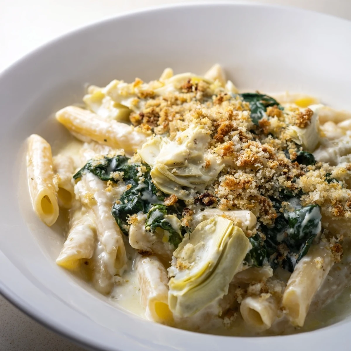 Goldene Kruste aus Semmelbröseln bedeckt das cremige Artichoke Pasta Bake, frisch aus dem Ofen.