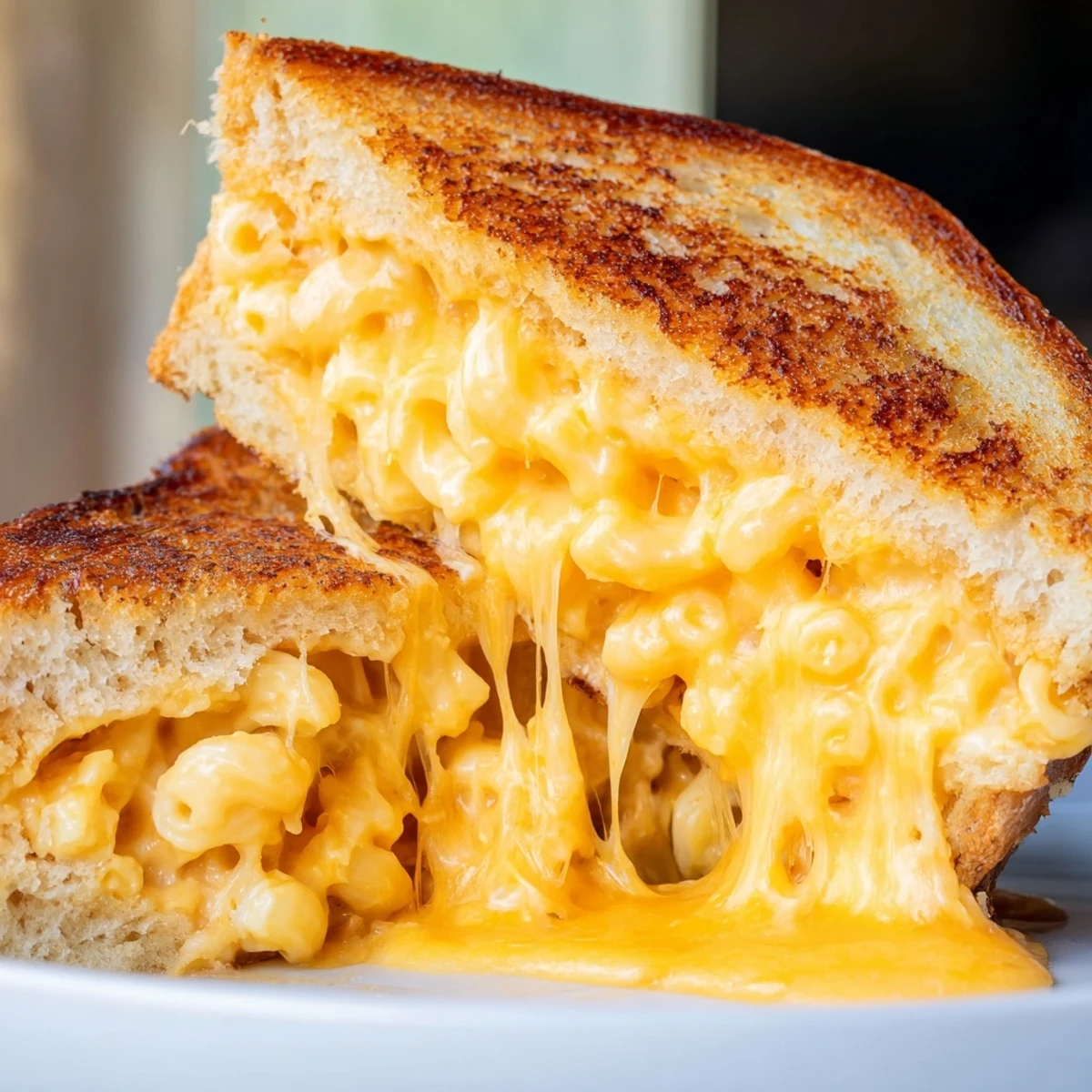 Golden-brown Mac & Cheese Grilled Cheese sandwich with melted cheese oozing from the toasted bread.