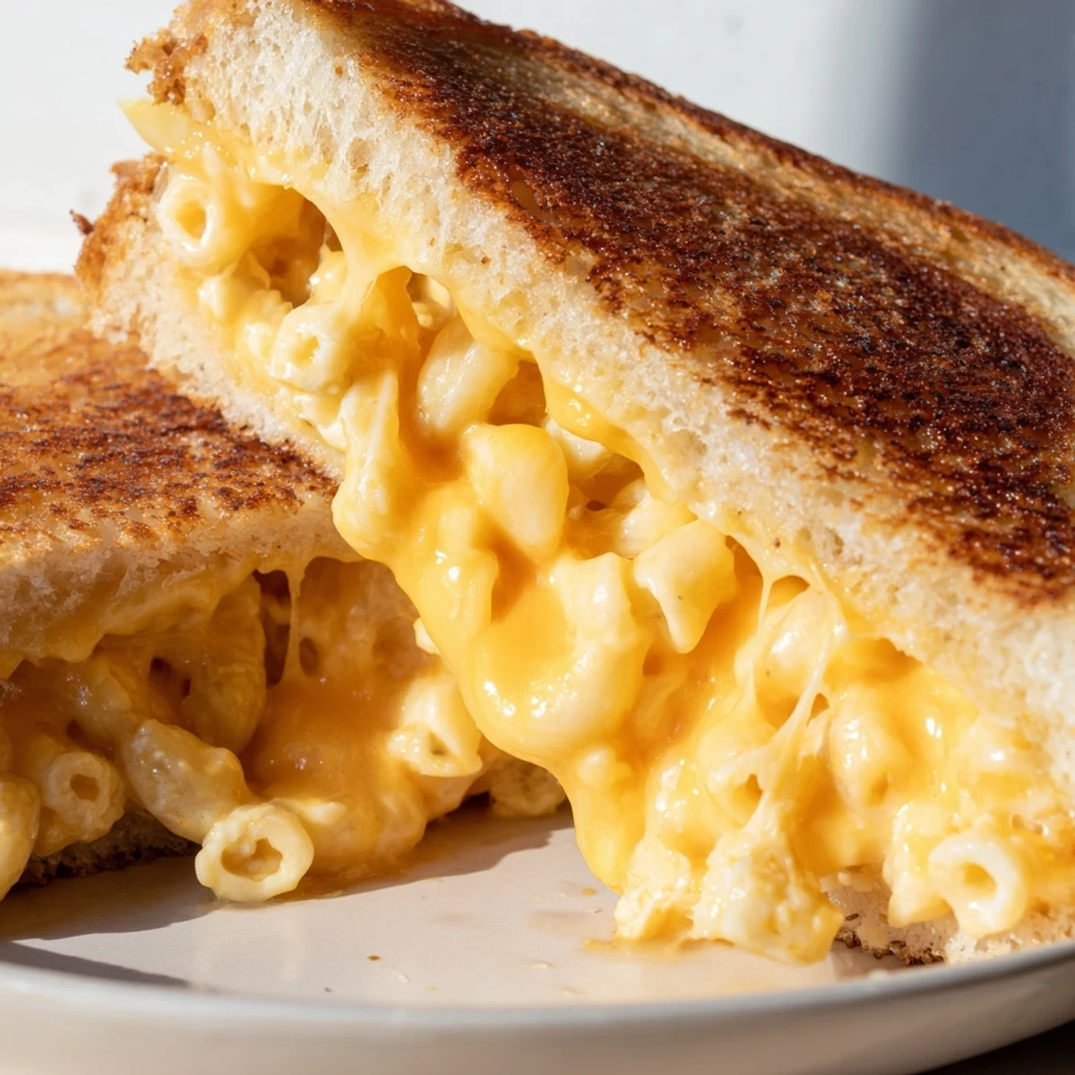 Creamy mac and cheese filling inside a crispy, buttery grilled cheese sandwich on a plate.