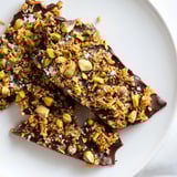 Close view of kataifi chocolate crunch bark, with sea salt crystals sprinkled on the surface.
