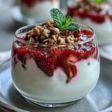 Leuchtende Schüsseln mit cremigem griechischem Joghurt, gekrönt von hausgemachter Erdbeer-Kompott und knusprigen Nüssen.  