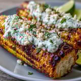 Gebratener Mais im Elote-Stil mit cremiger Sauce und Cotija-Käse.