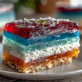 Bunte Agar-Agar-Wackelkuchenschichten mit Kokoscremeoption, perfekt zum Servieren.