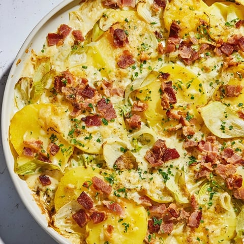 Golden-brown One-Pan German Potato & Leek Bake, showcasing crispy bacon and melted cheese.
