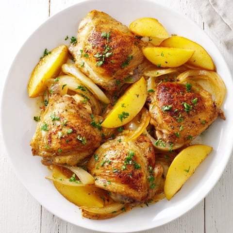 Sheet Pan German-Style Chicken with apples and onions, golden chicken thighs roasted with sweet apples and onions.