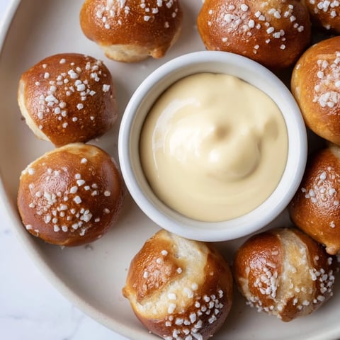 Warm, soft Mini Pretzel Bites with a creamy beer cheese sauce, perfect for a party snack.