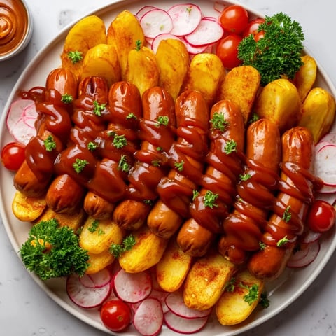 A colorful Currywurst Board showcasing sliced sausages, different mustards, fries, and fresh garnishes for sharing.