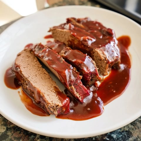 Tender vegan Sauerbraten with cranberry-balsamic marinade, ready to be served with gravy.
