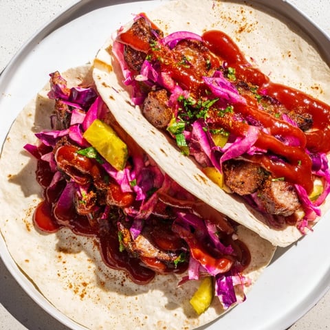 Smoky bratwurst sausage nestled in Berlin Currywurst Tacos, topped with fresh red cabbage and herbs.