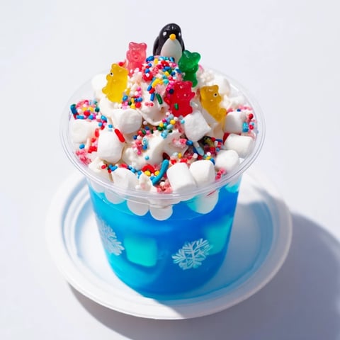A snowy scene of Snow Globe Jello Cups, shimmering with blue gelatin and candy sprinkles.